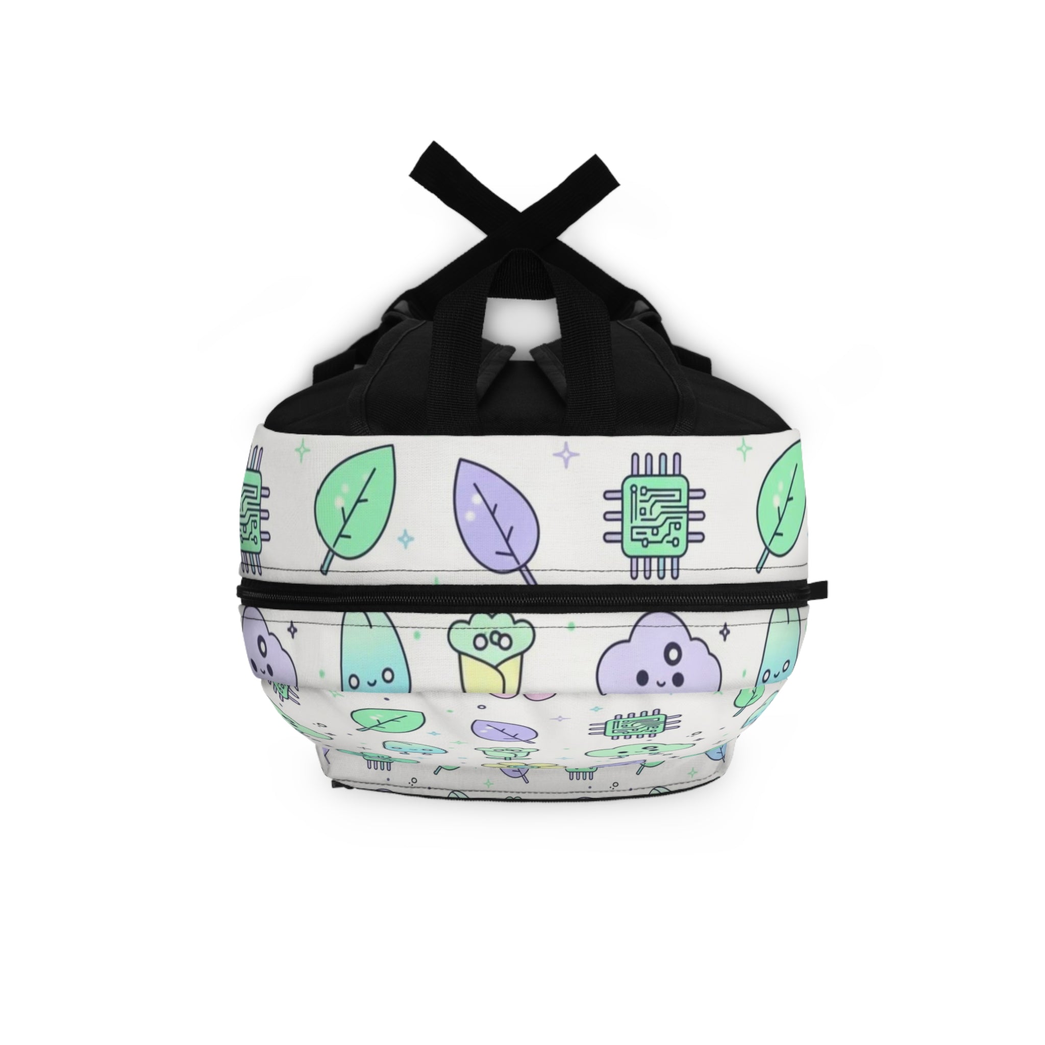 Kawaii Pastel Tech & Nature Backpack – Cute Cloud, Leaf & Flower Pattern