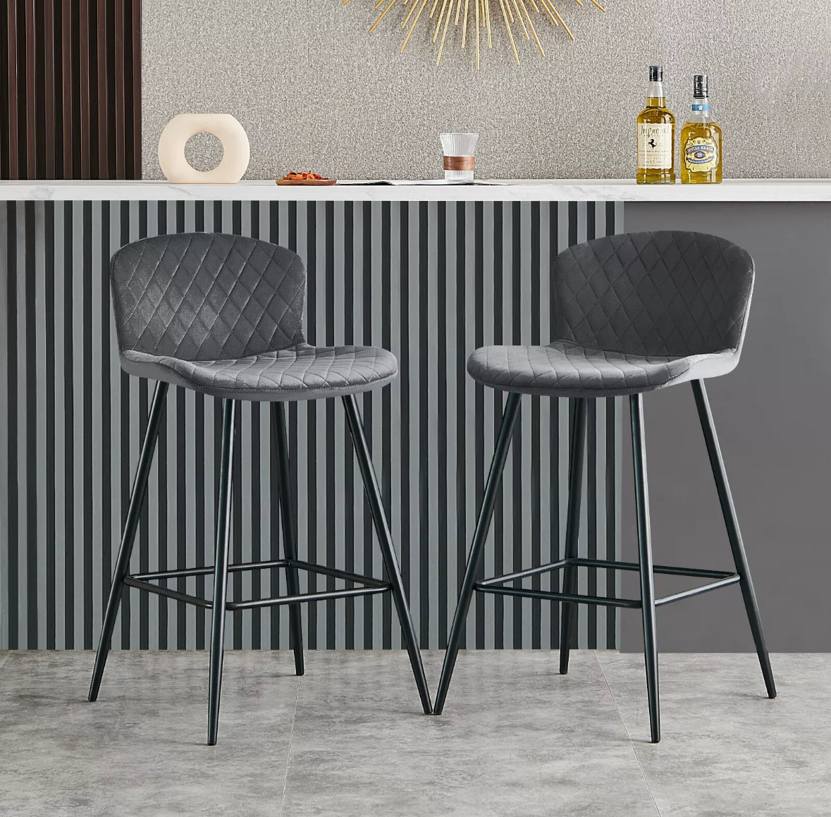 Set of 2 Soft Velvet Seat Bar Chairs with Metal Legs