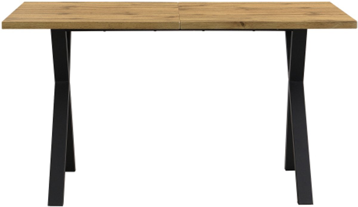 Rectangular dining table with wooden top and black metal crossed legs