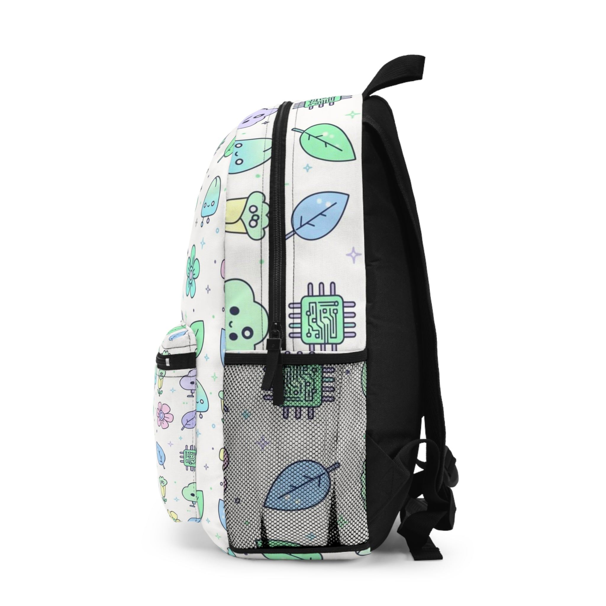 Kawaii Pastel Tech & Nature Backpack – Cute Cloud, Leaf & Flower Pattern