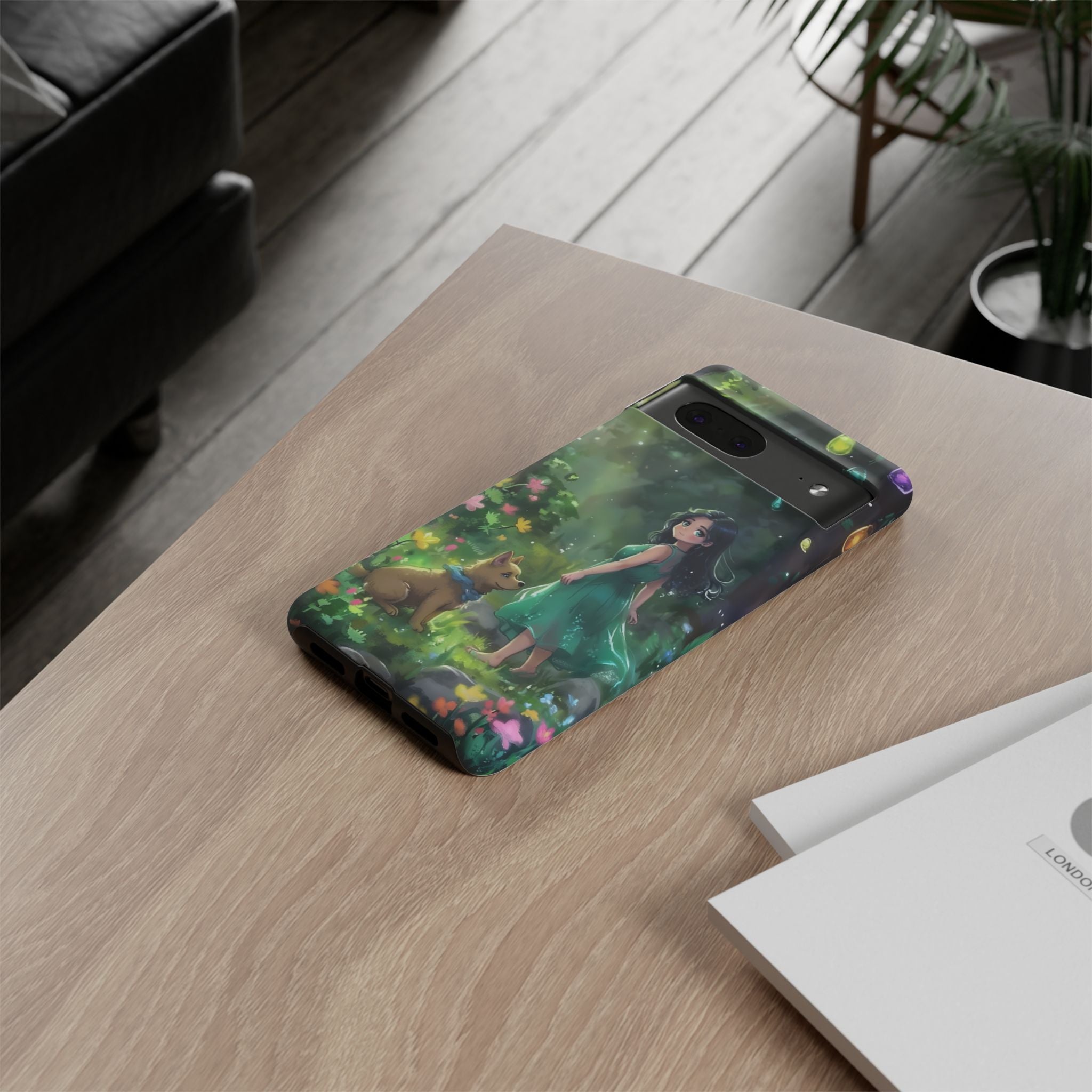 Whimsical Phone Case with Nature and Dog Artwork