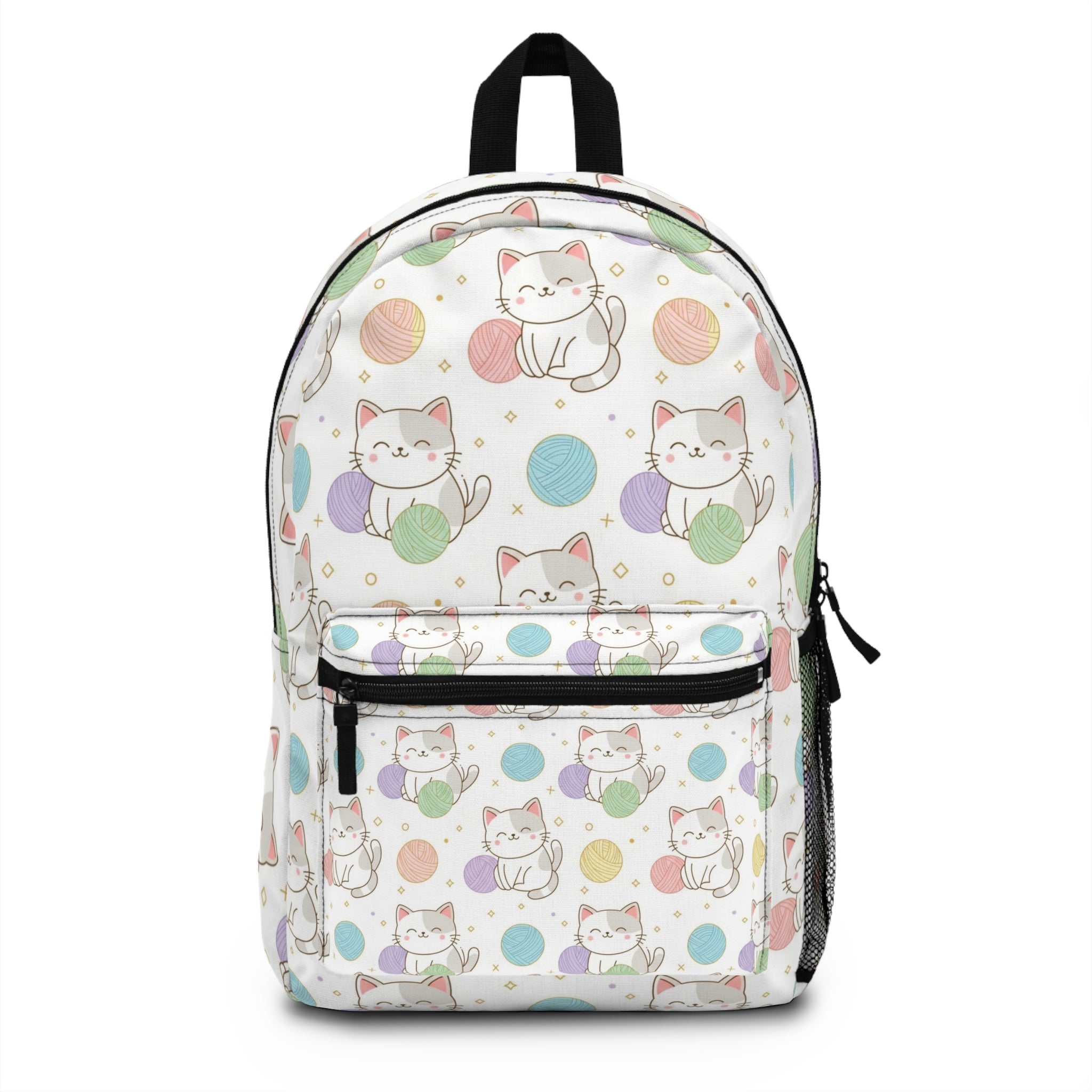Cute Kawaii Cat & Yarn Polka Dot Backpack — Pastel Kitty School Bag