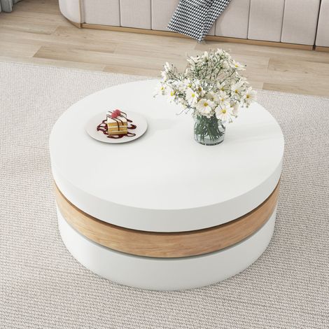 Neche White and Willow Wood Cylindrical Coffee Table with 360° Rotation