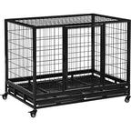 PawHut Heavy Duty Metal Dog Crate with tray and wheels, black
