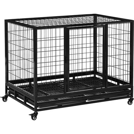 PawHut Heavy Duty Metal Dog Crate with tray and wheels, black