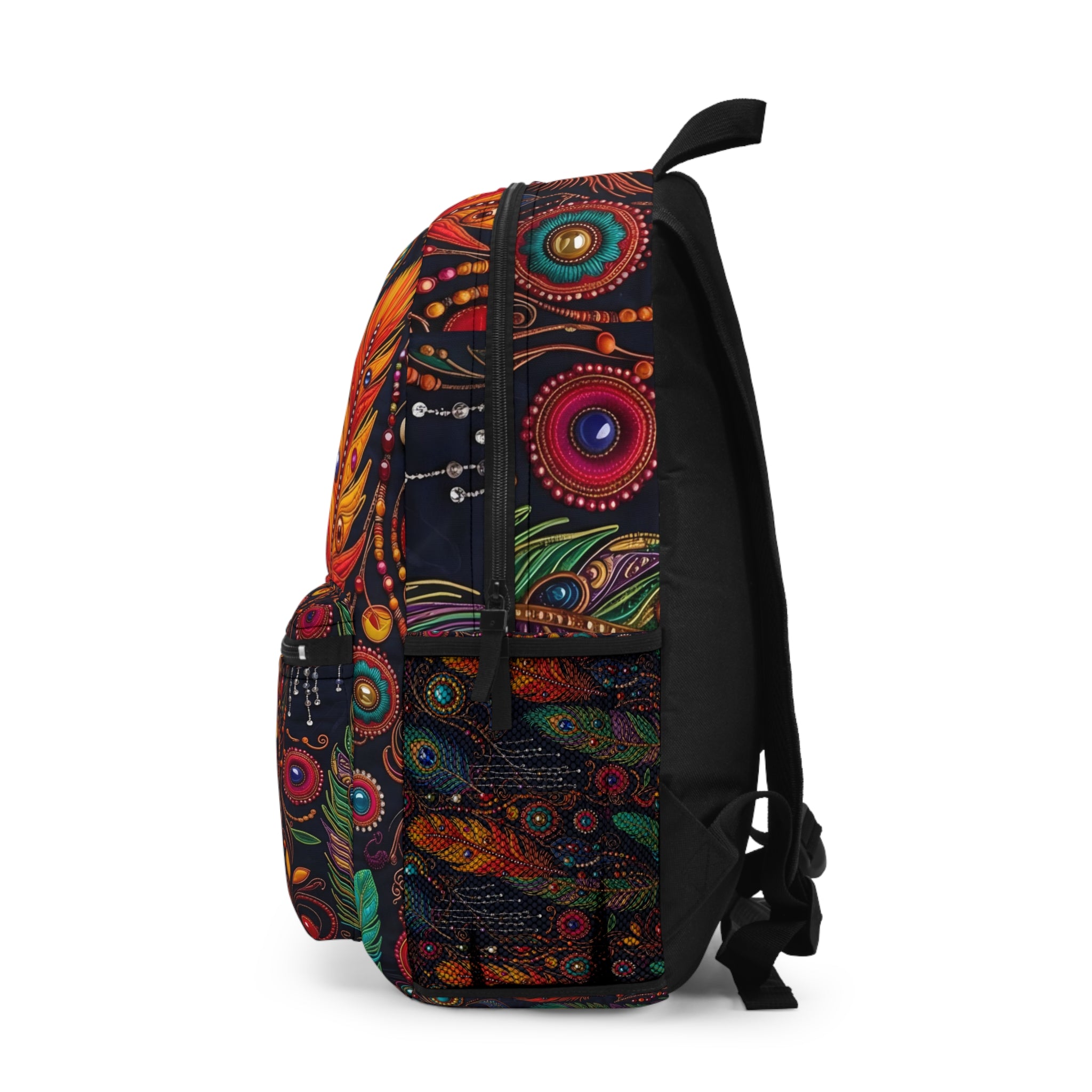 Bohemian Peacock Feather Backpack — Colorful Tribal Feather Print School Bag