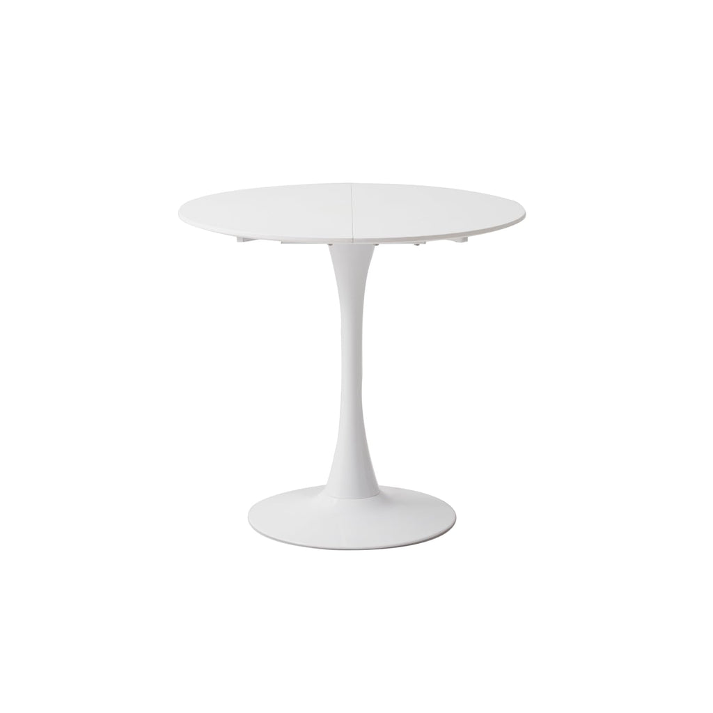 Modern white round dining table with a metal base, suitable for 2-4 people, featuring a minimalist design