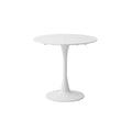 Modern white round dining table with a metal base, suitable for 2-4 people, featuring a minimalist design