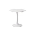 Modern white round dining table with a metal base, suitable for 2-4 people, featuring a minimalist design