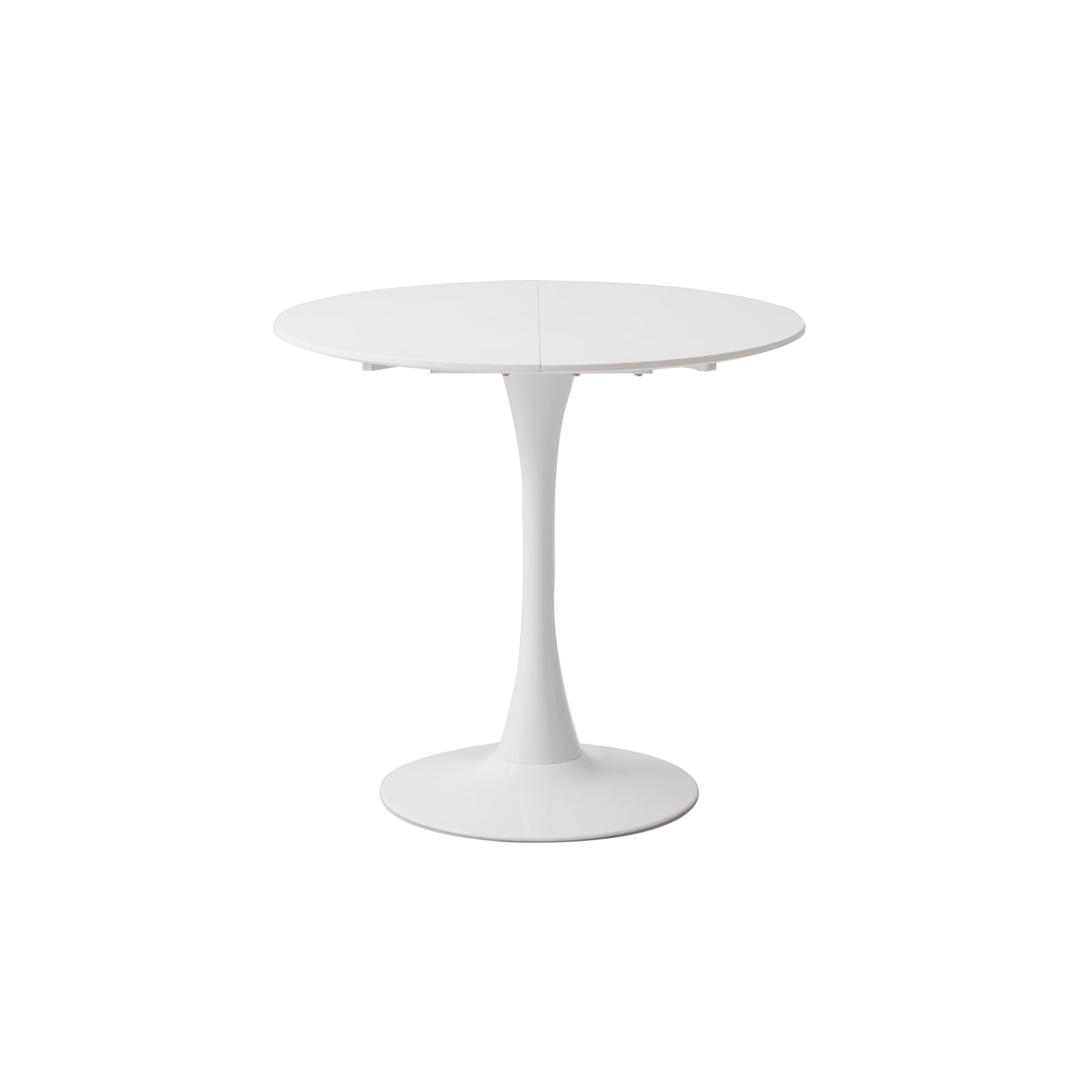Modern white round dining table with a metal base, suitable for 2-4 people, featuring a minimalist design
