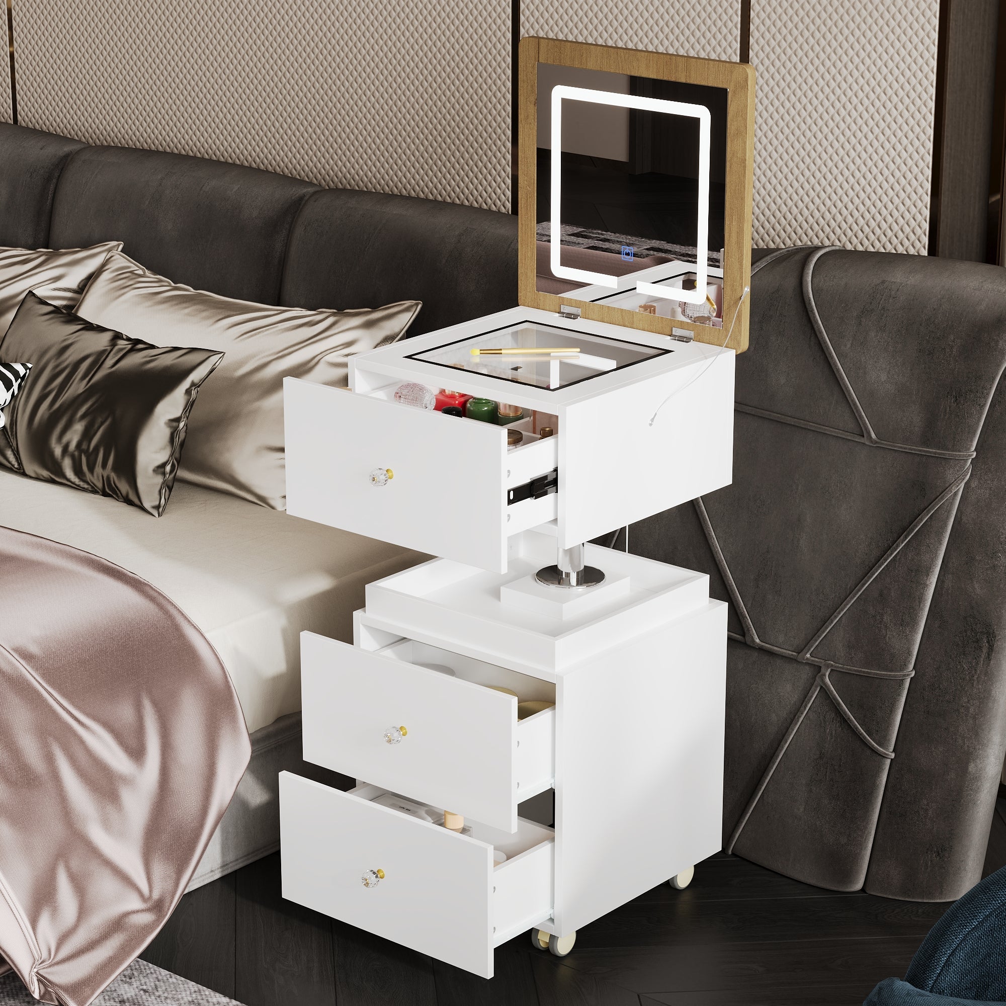 FUFU&GAGA 23.6" 360° Rotating White Makeup Vanity with LED Mirror