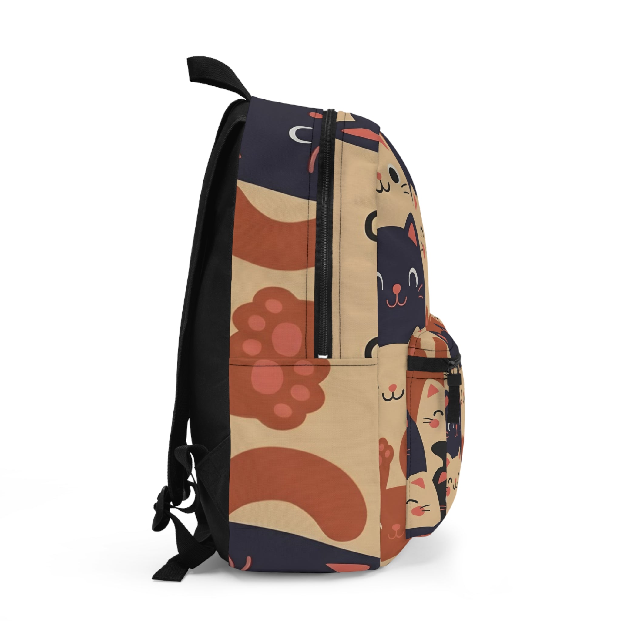 Cute Kawaii Cat Pattern Backpack — Cartoon Maneki Neko Cats School & Travel Bag | Soft Cream, Terracotta & Navy Faces in a Friendly Collage | Durable, Lightweight & Gift-Ready