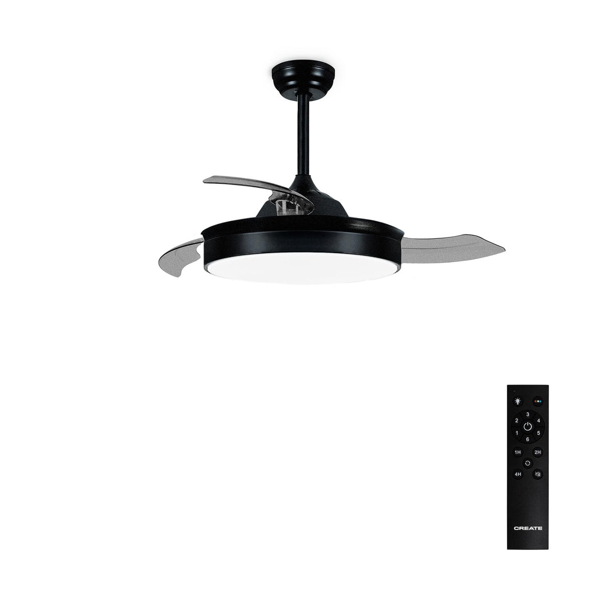 CREATE Wind Clear M Ceiling Fan with black light and remote control, featuring 6 speeds and timer
