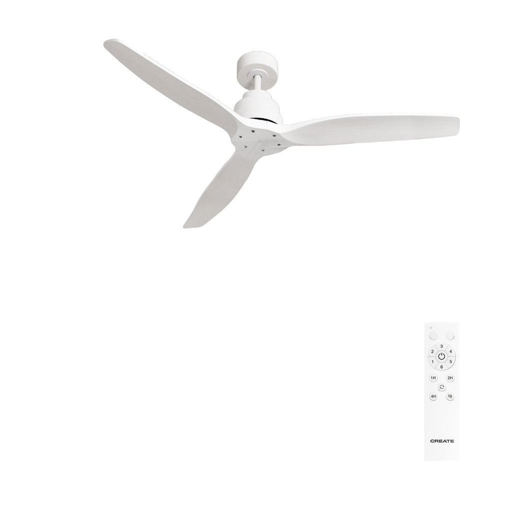 Create Windstlyance ceiling fan with natural wood and white finish, featuring 6 speeds and timer