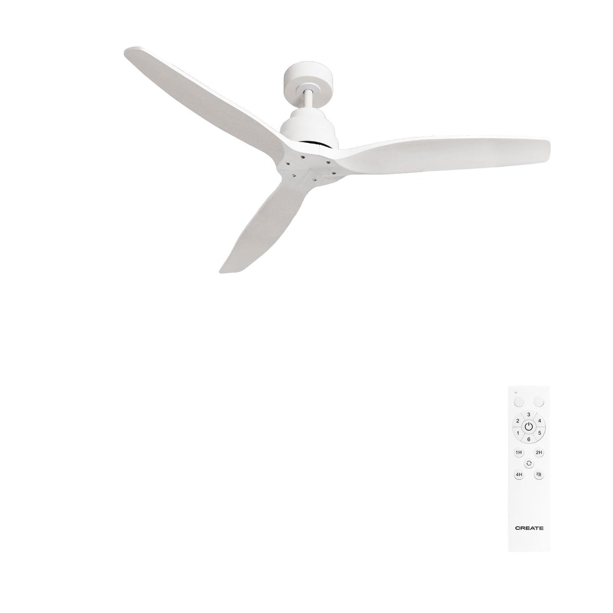 Create Windstlyance ceiling fan with natural wood and white finish, featuring 6 speeds and timer