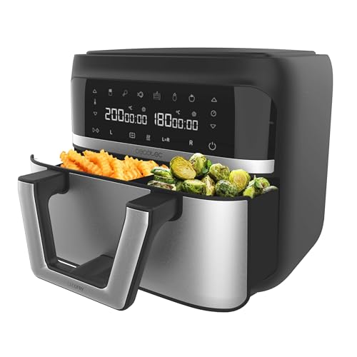 Cecotec Cecofry Dual 9000 air fryer in black and stainless steel with dual baskets