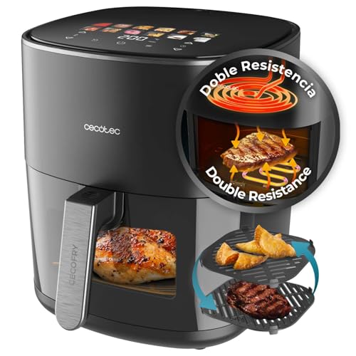 Experience healthier cooking with the Cecotec 6.5L Oil-Free Hot Air Fryer. Enjoy crispy meals using double heating elements and a grill plate. Perfect for family meals! Keywords: oil-free fryer, hot air fryer, Cecotec, double heating elements