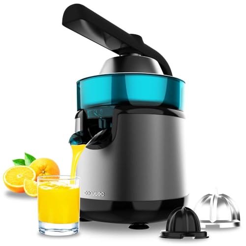 Discover the Cecotec EssentialVita Hyden Electric Citrus Juicer, featuring 120W power, 250ml capacity, and 2 detachable cones for versatile juicing. Perfect for fresh citrus juice!