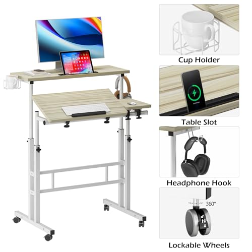 Soges Height Adjustable Rolling Desk with Cup Holder