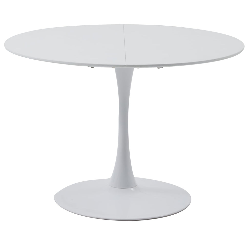 Elegant white round dining table with MDF top and iron legs, suitable for 6-8 people