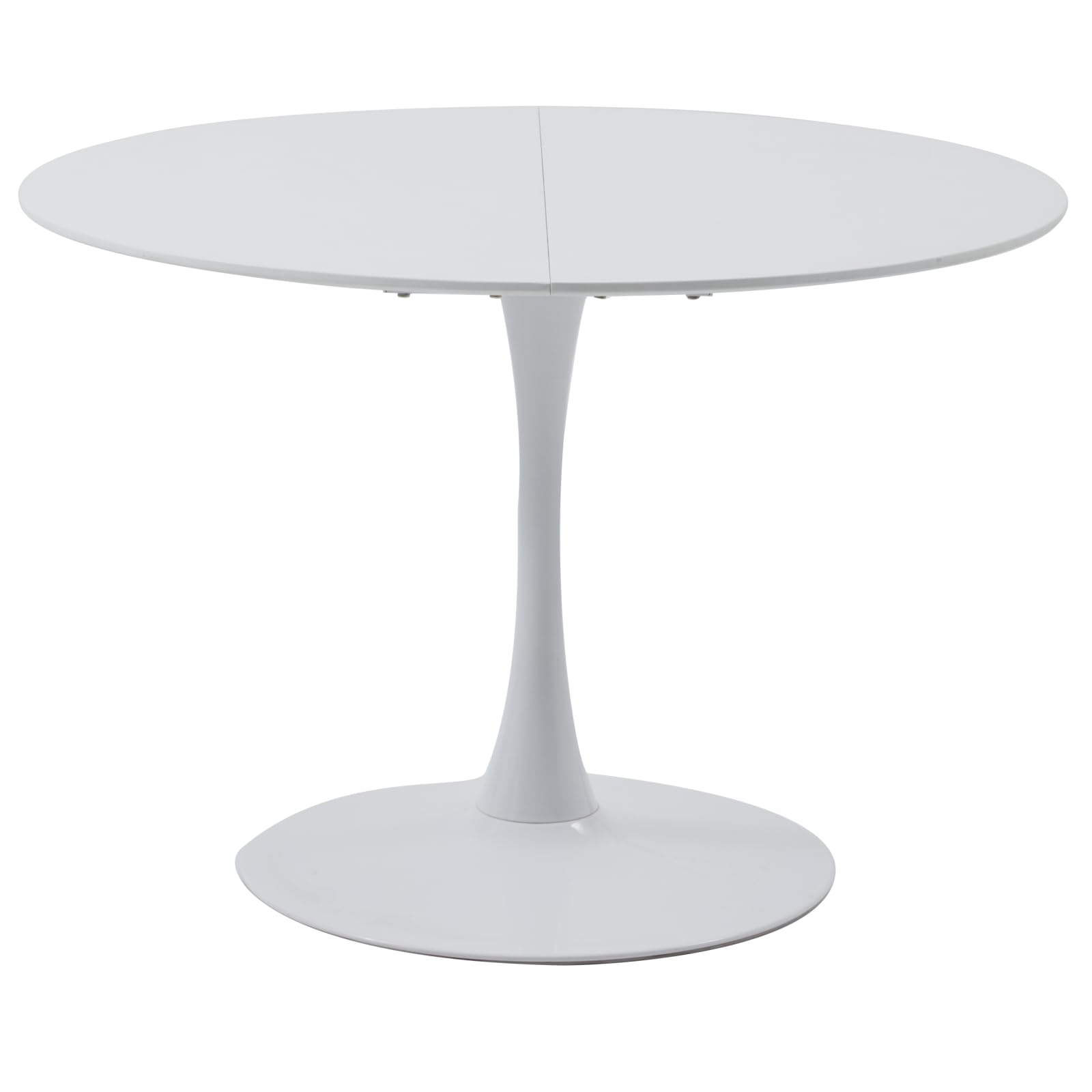 Elegant white round dining table with MDF top and iron legs, suitable for 6-8 people
