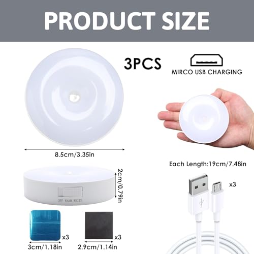 Sowbud - 3 PCS LED Motion Sensor Night Lights, Wireless & Rechargeable, 2 Colors