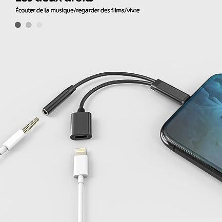 Kefiany Lightning To 3.5mm Jack Adapter and Charger, compact design with bifurcated cables