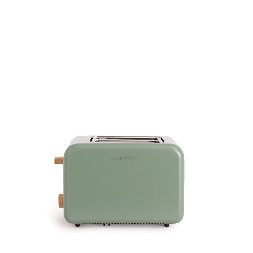 CREATE Retro Toaster in Sage Green with 6 power levels, wide slots, and crumb tray