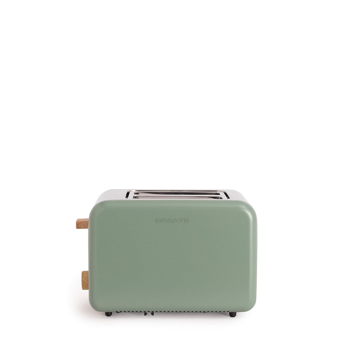 CREATE Retro Toaster in Sage Green with 6 power levels, wide slots, and crumb tray