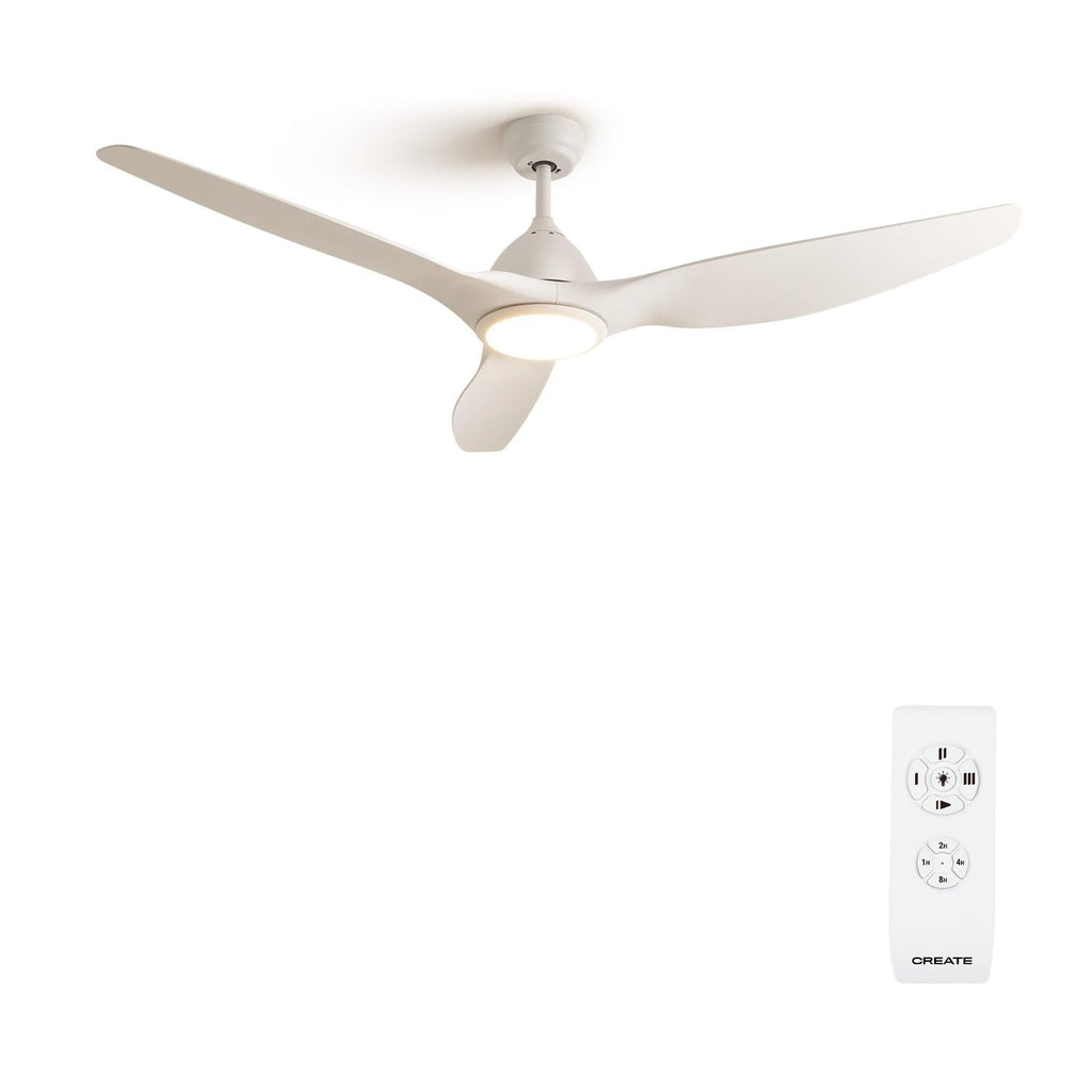 CREATE Ceiling Fan with white light, featuring copper AC motor and silent operation