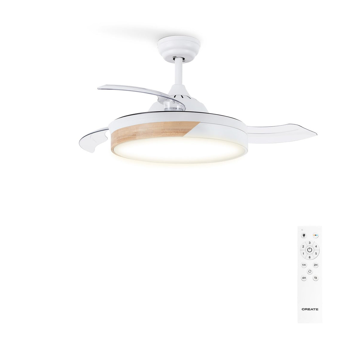 CREATE Ceiling Fan with light and remote control, featuring 6 speeds, timer, and retractable blades