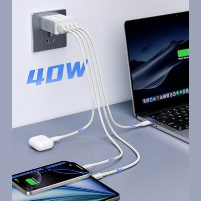 Aioneus 40W 4-Port USB Wall Charger in white, compact design with multiple ports