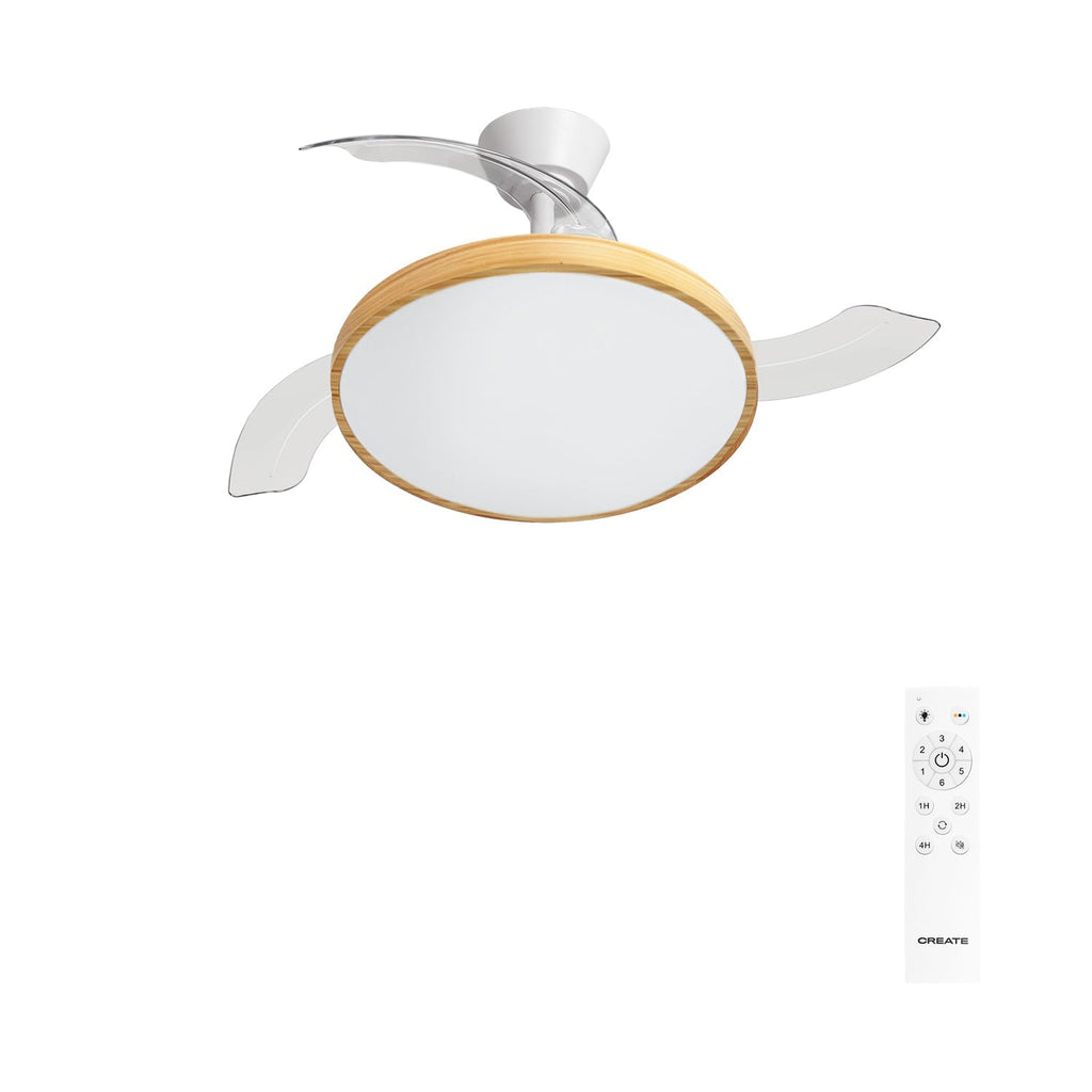 CREATE WIND CLEAR STUDIO M Ceiling Fan with white light and light wood finish, featuring retractable blades