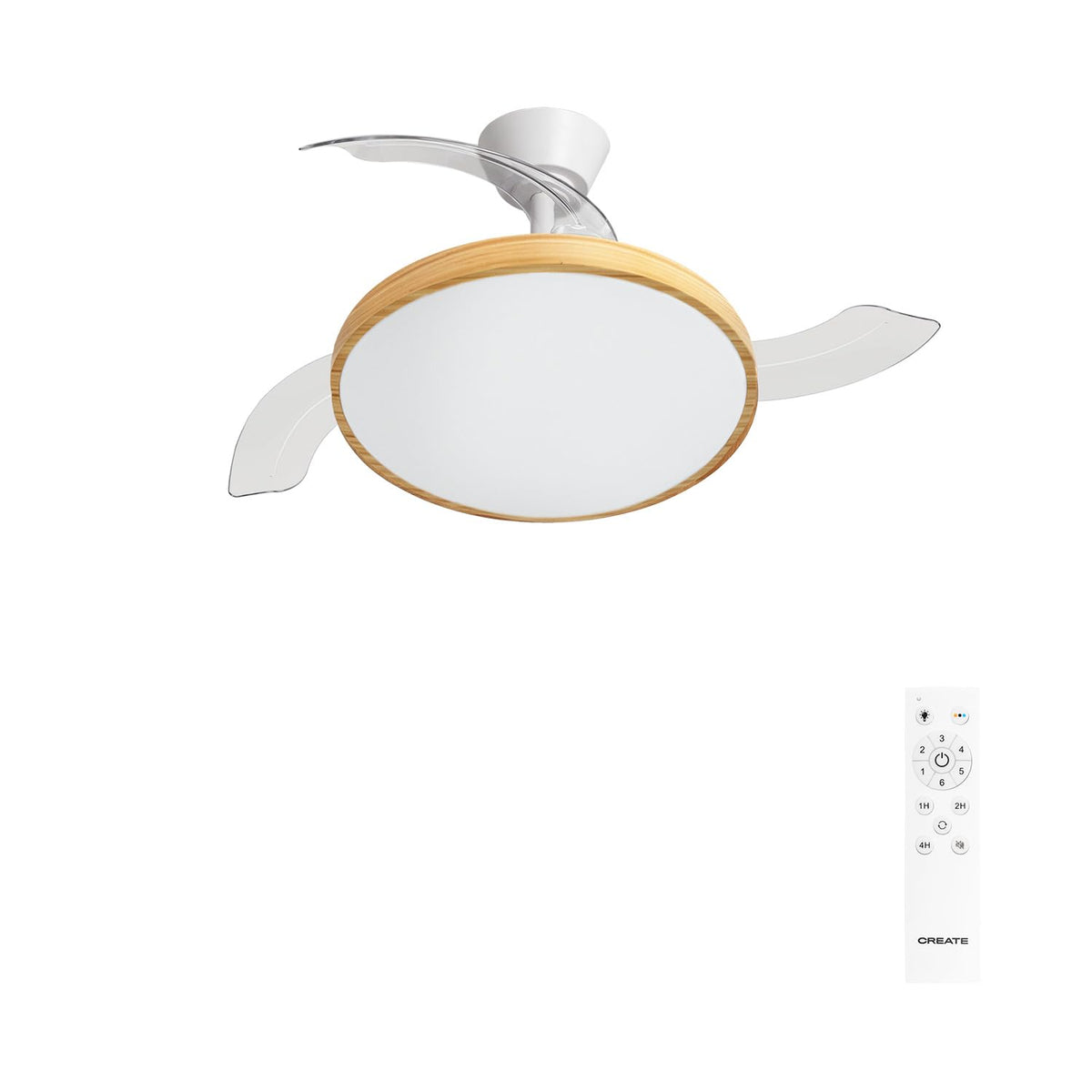 CREATE WIND CLEAR STUDIO M Ceiling Fan with white light and light wood finish, featuring retractable blades