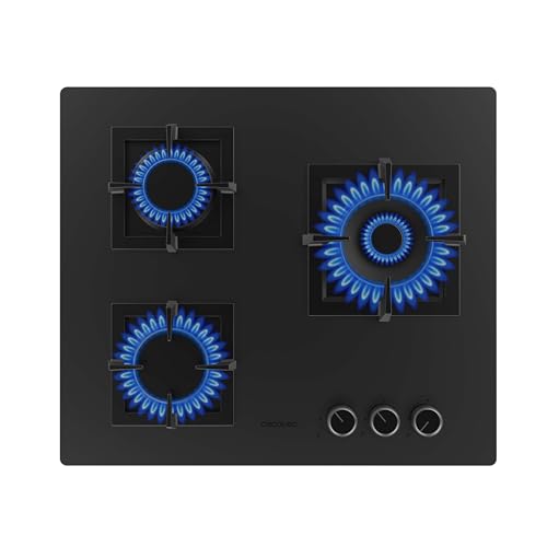 Cecotec Gas Plate with 3 burners, black Nano Glass finish and cast iron grills