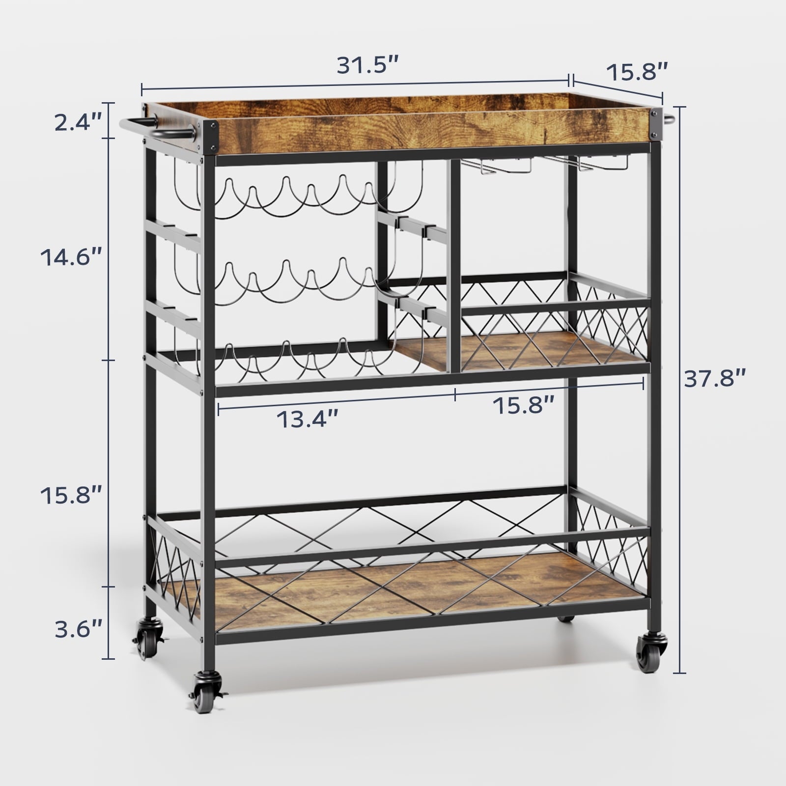 Asofer 3-Tier Bar Cart with Lockable Wheels - Retro
