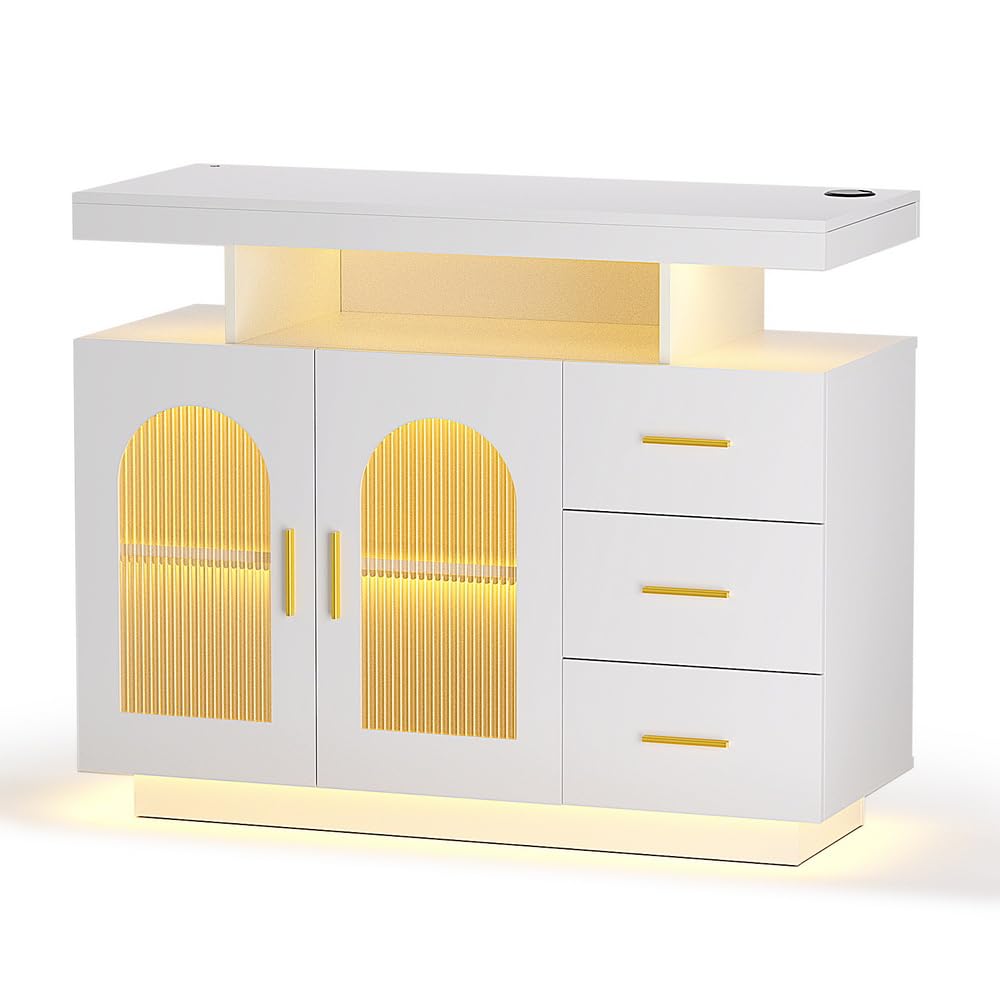 Artiss LED Buffet Sideboard with 3 drawers, transparent doors, and warm white light