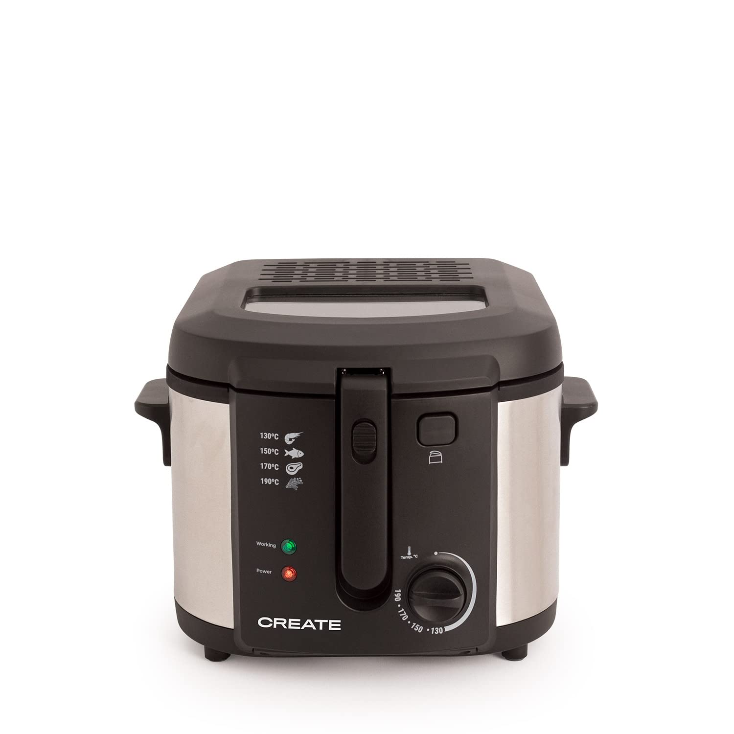 CREATE FRYER OIL PRO Oil Fryer featuring a grey transparent lid and stainless steel design