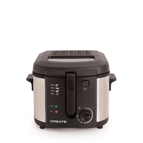 CREATE FRYER OIL PRO Oil Fryer featuring a grey transparent lid and stainless steel design