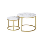 Set of 2 round coffee tables with marble pattern tops and gold-plated metal legs, suitable for living room, cafe, lounge