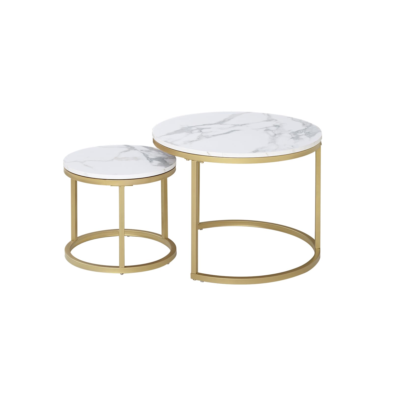 Set of 2 round coffee tables with marble pattern tops and gold-plated metal legs, suitable for living room, cafe, lounge