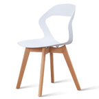 Modern white dining chair with solid beech legs and a matte finish seat