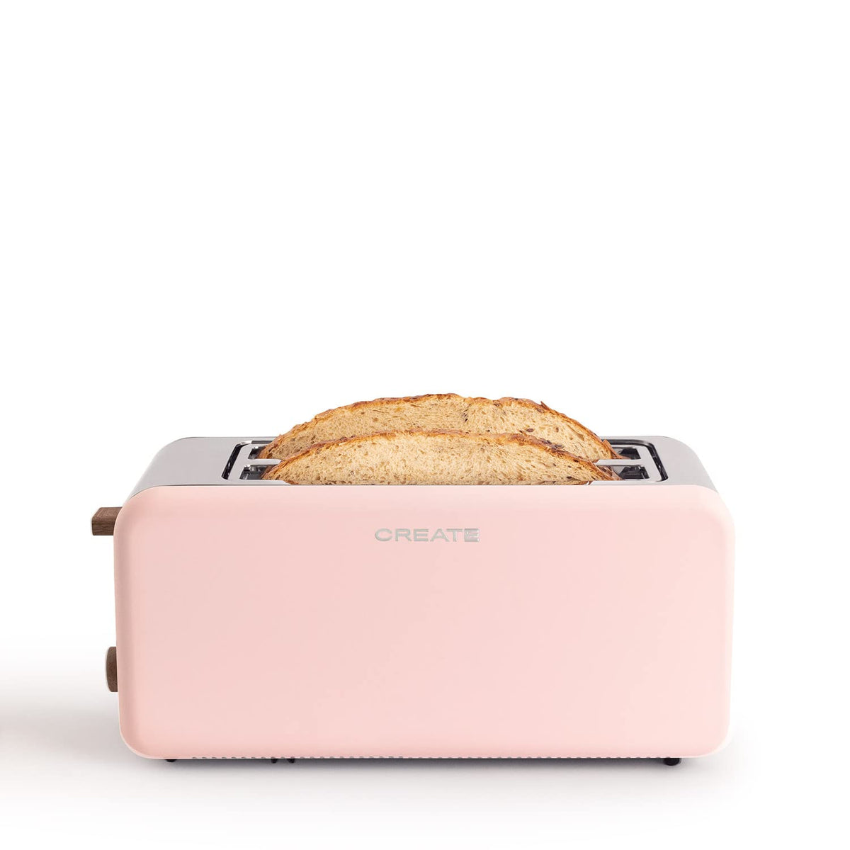 CREATE Retro XL Toaster in pink with wide slots, crumb tray, and stainless steel finish