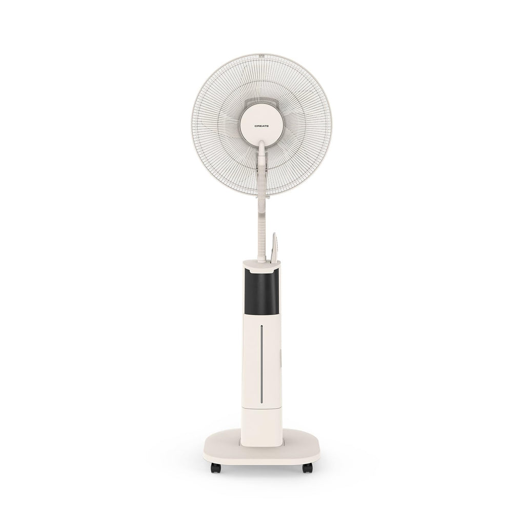 CREATE AIR MIST PRO Oscillating Fogger Fan with off white remote control, featuring a modern design