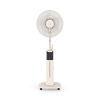 CREATE AIR MIST PRO Oscillating Fogger Fan with off white remote control, featuring a modern design