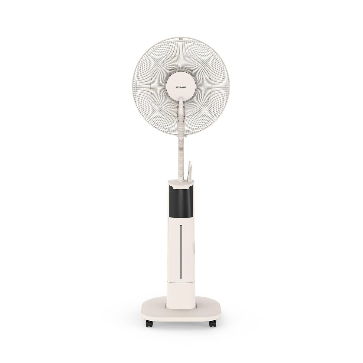 CREATE AIR MIST PRO Oscillating Fogger Fan with off white remote control, featuring a modern design