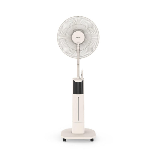 CREATE AIR MIST PRO Oscillating Fogger Fan with off white remote control, featuring a modern design