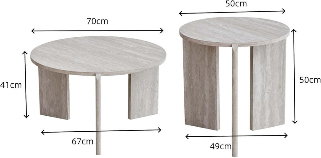 JZGORC Set of 2 White Imitation Travertine Coffee Tables - 70cm and 50cm