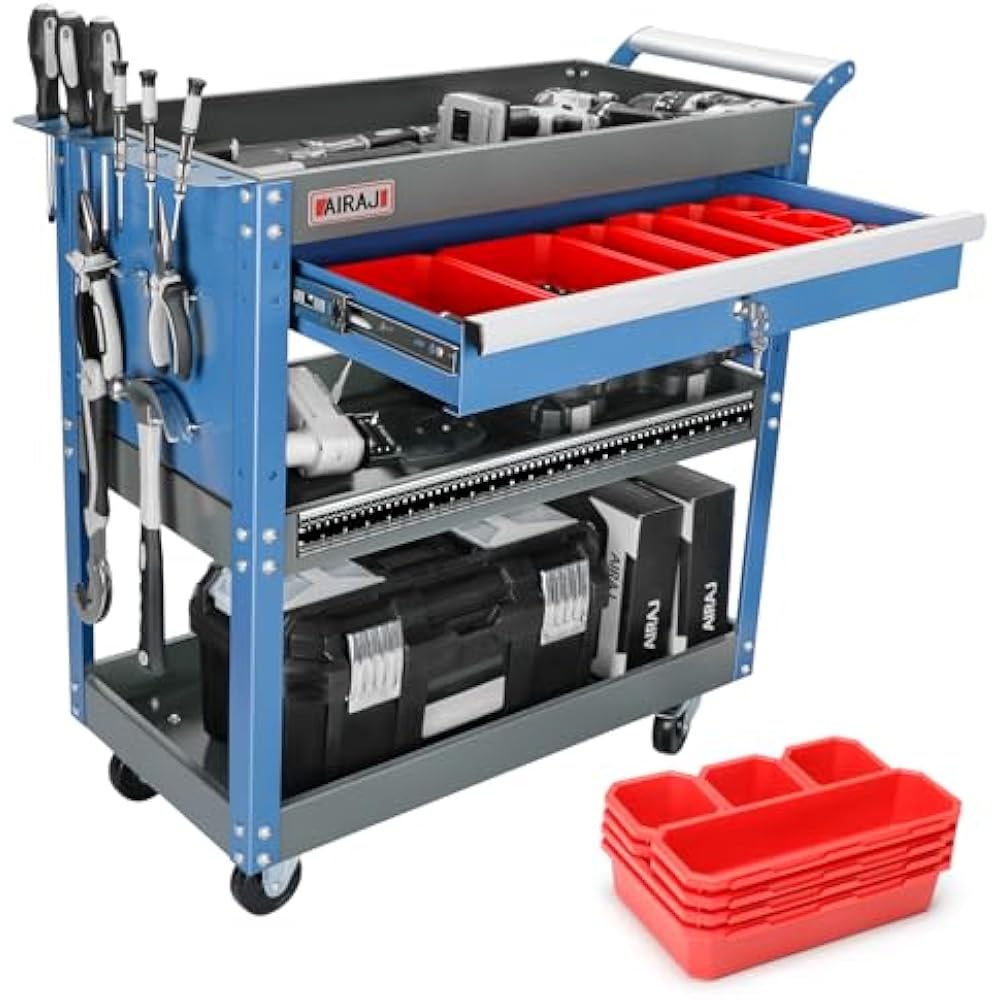 AIRAJ 3 Tier Rolling Tool Cart with Drawers and Pegboard - 440 LBS Capacity