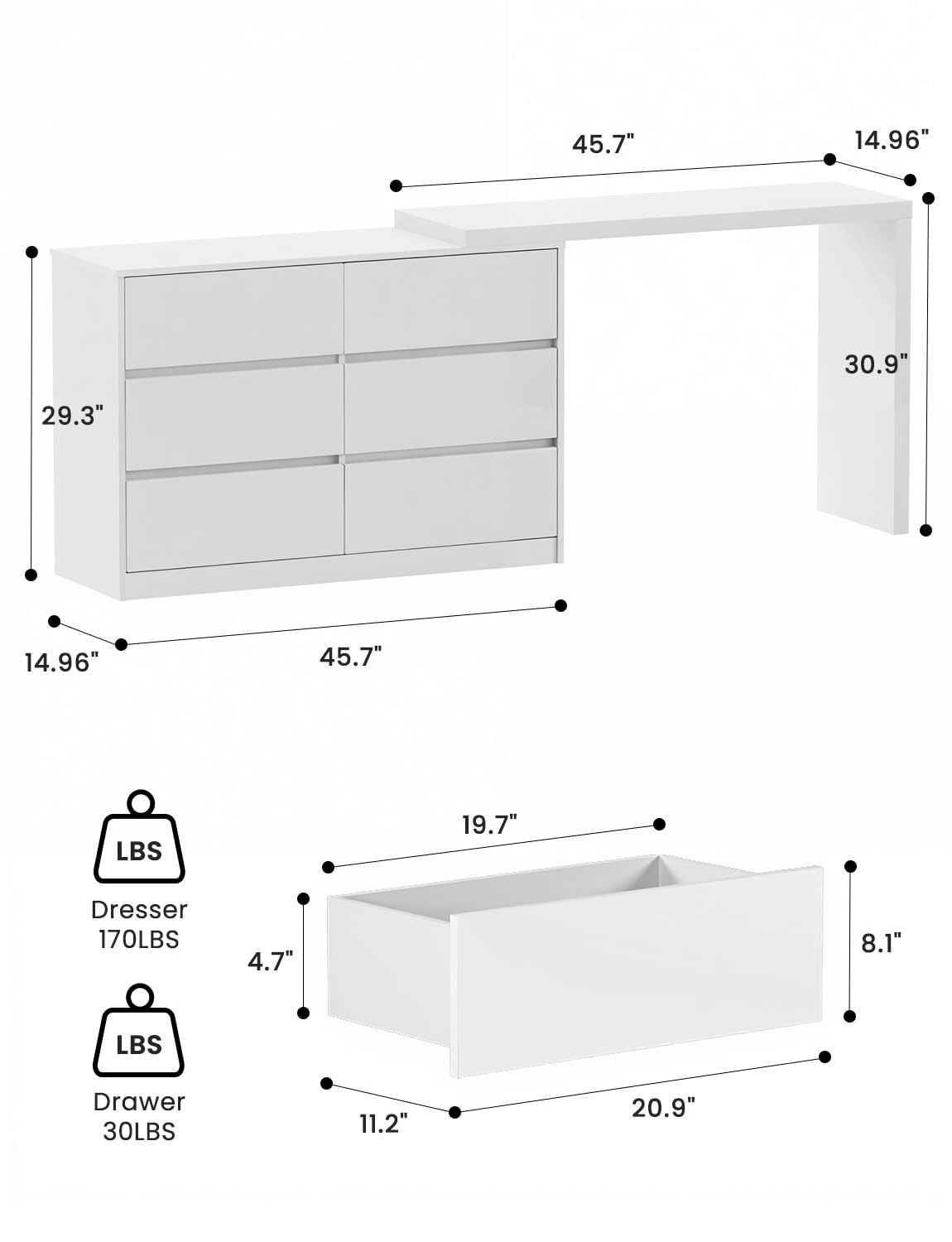Feetice 6 Drawer L-Shaped Vanity Desk Combo